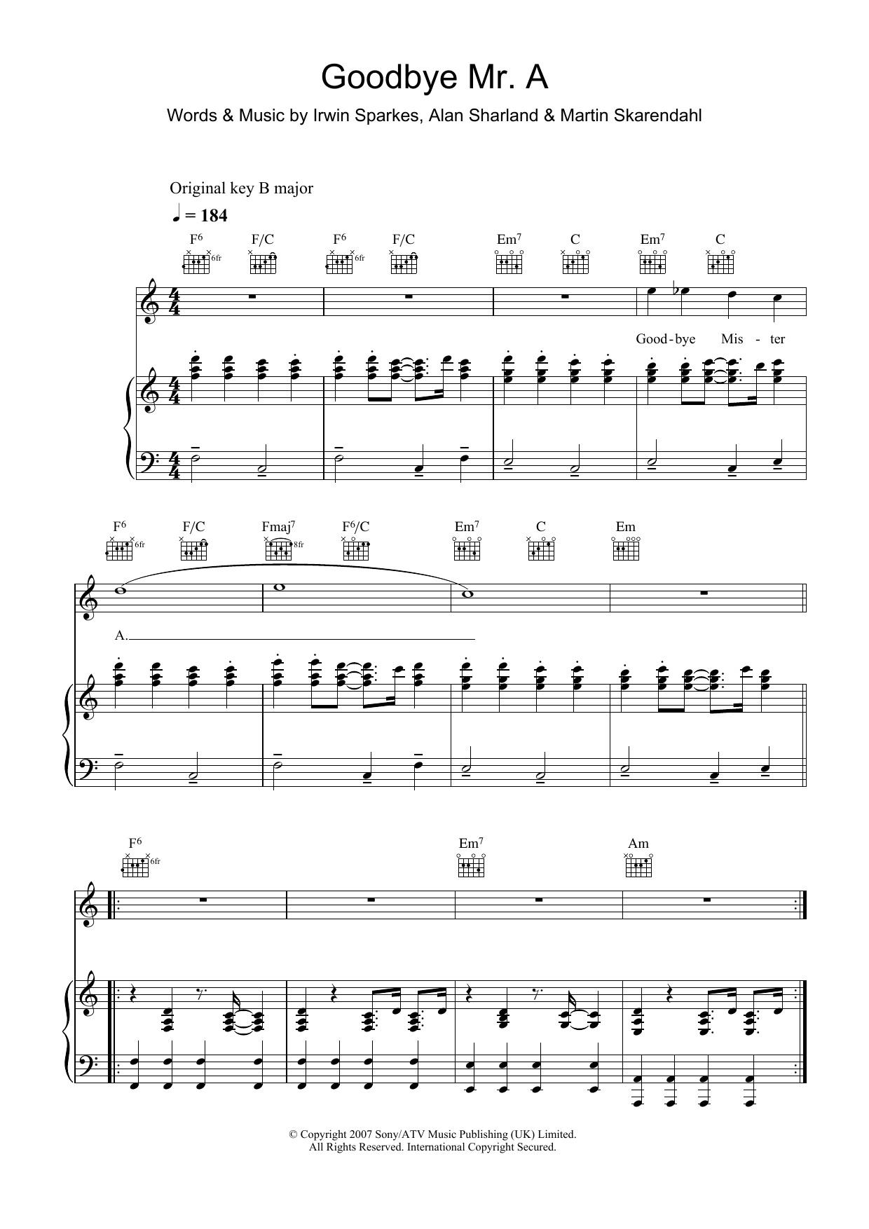 The Hoosiers Goodbye Mr. A sheet music notes and chords arranged for Beginner Piano