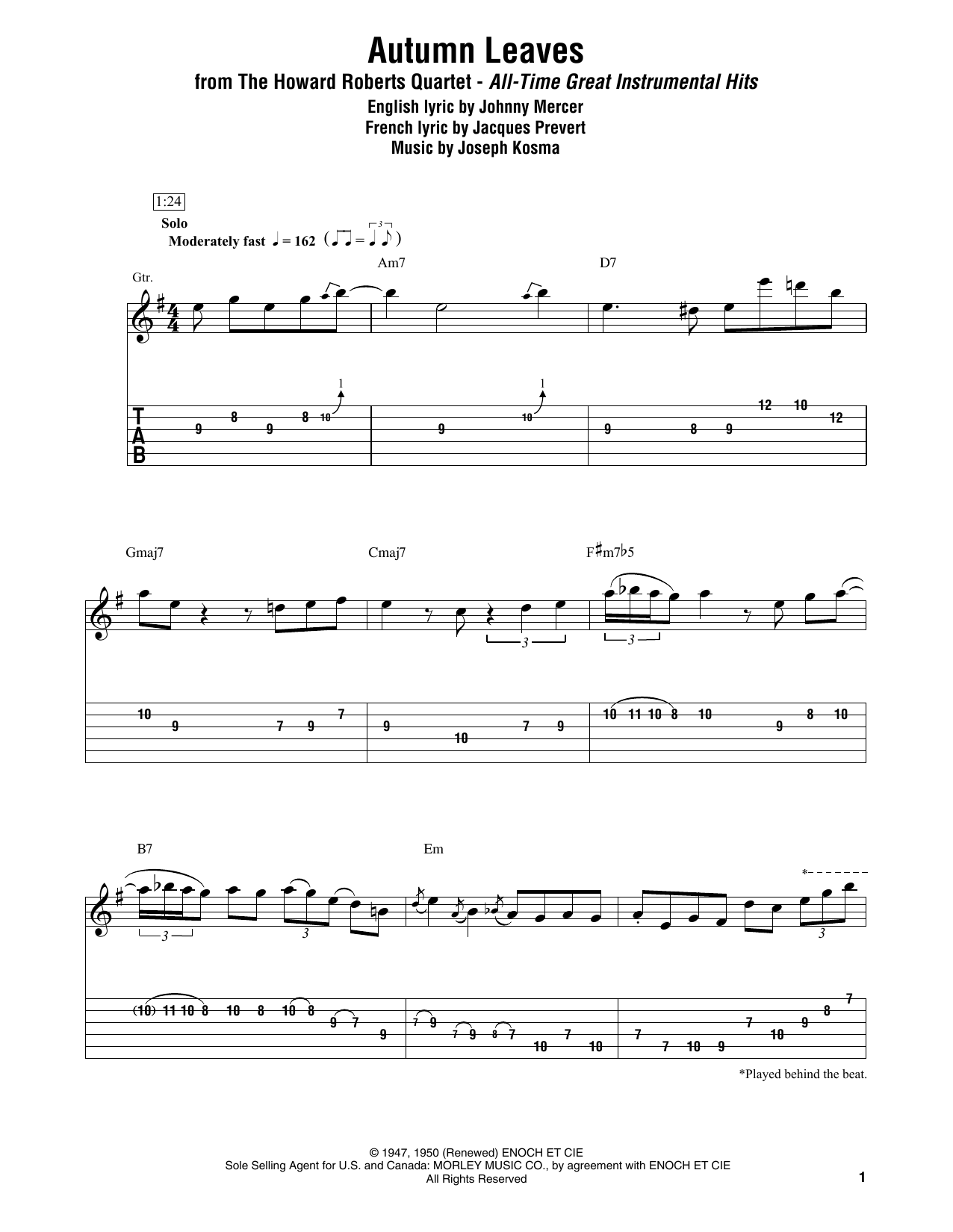 The Howard Roberts Quartet Autumn Leaves sheet music notes and chords arranged for Electric Guitar Transcription