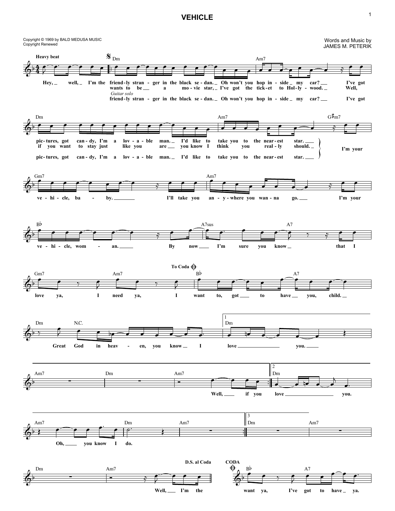 The Ides Of March Vehicle sheet music notes and chords arranged for Easy Bass Tab