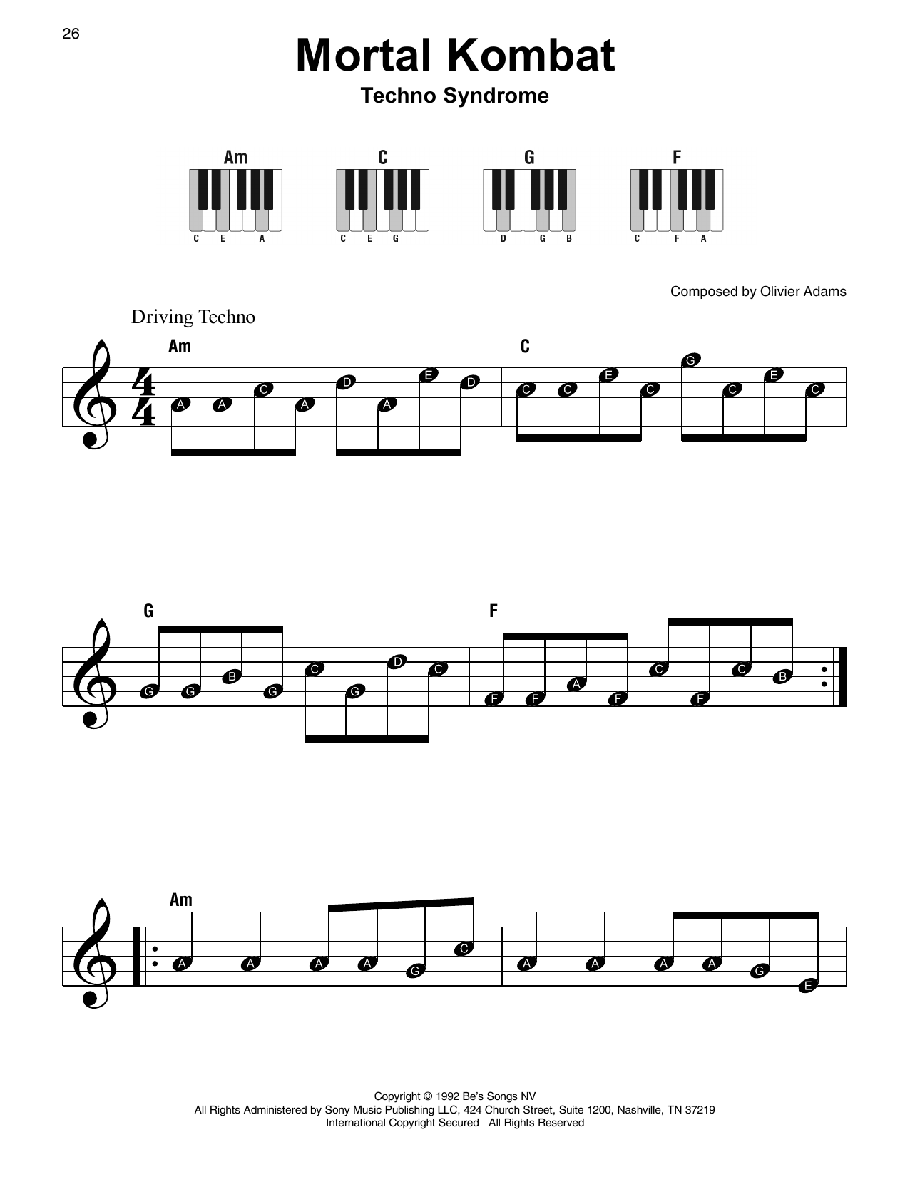 The Immortals Techno Syndrome (from Mortal Kombat) sheet music notes and chords arranged for Super Easy Piano