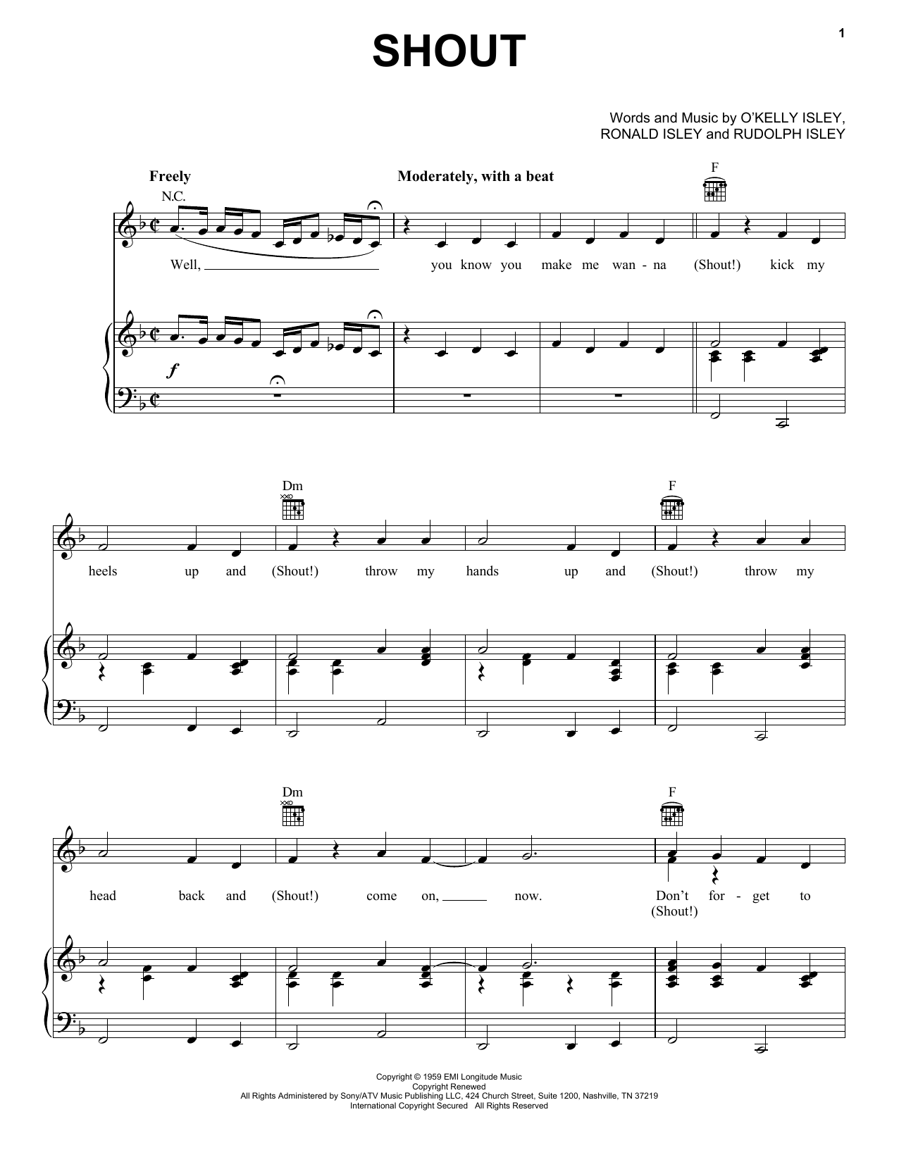 The Isley Brothers Shout sheet music notes and chords arranged for Piano, Vocal & Guitar Chords (Right-Hand Melody)