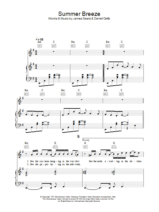 The Isley Brothers Summer Breeze sheet music notes and chords arranged for Piano, Vocal & Guitar Chords