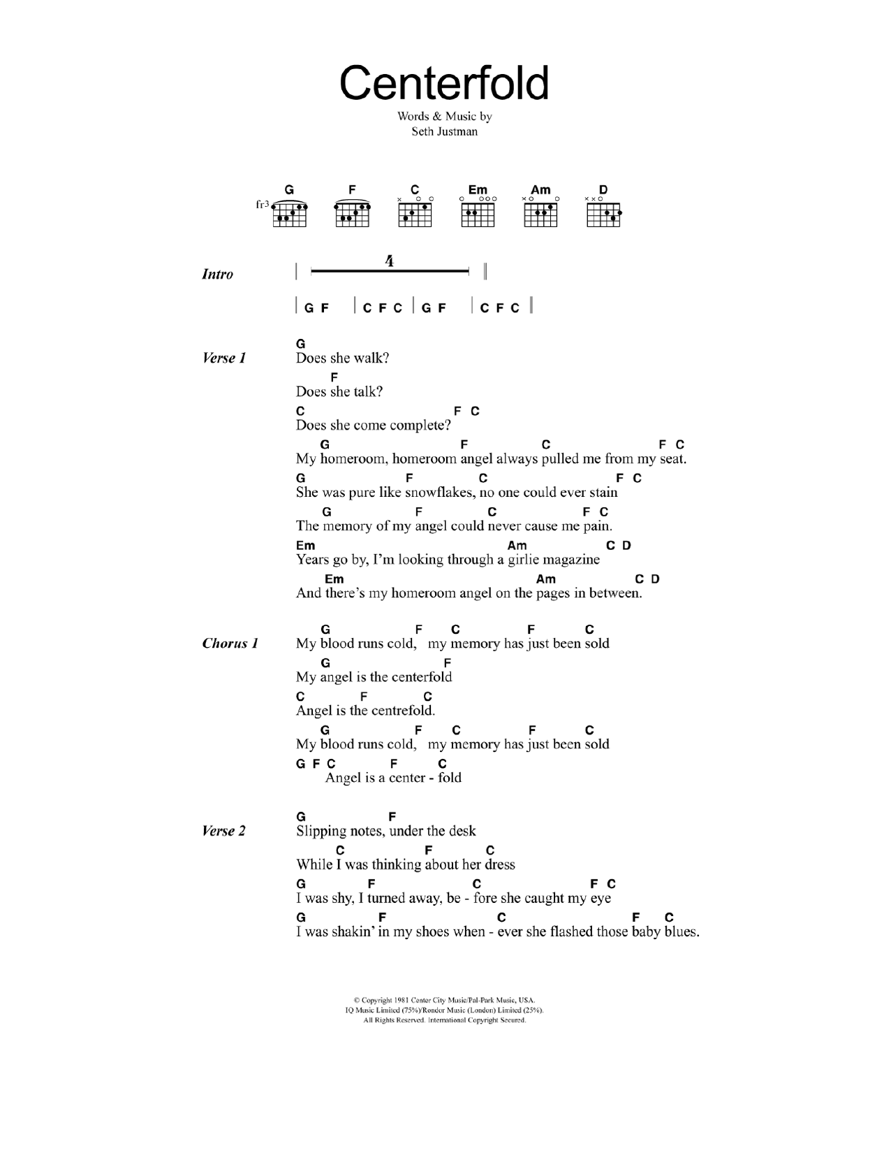 The J. Geils Band Centerfold sheet music notes and chords arranged for Guitar Chords/Lyrics