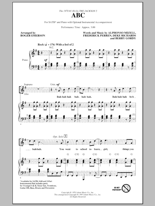 The Jackson 5 ABC (arr. Roger Emerson) sheet music notes and chords arranged for SATB Choir