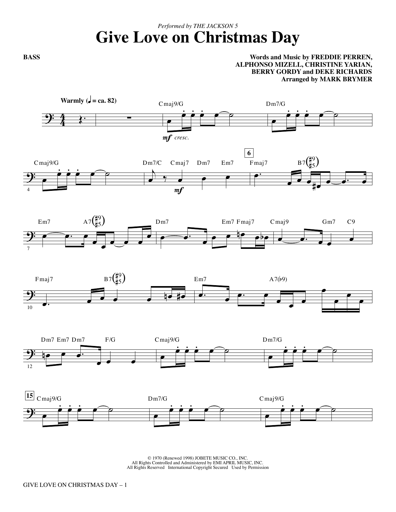 The Jackson 5 Give Love on Christmas Day (arr. Mark Brymer) - Bass sheet music notes and chords arranged for Choir Instrumental Pak