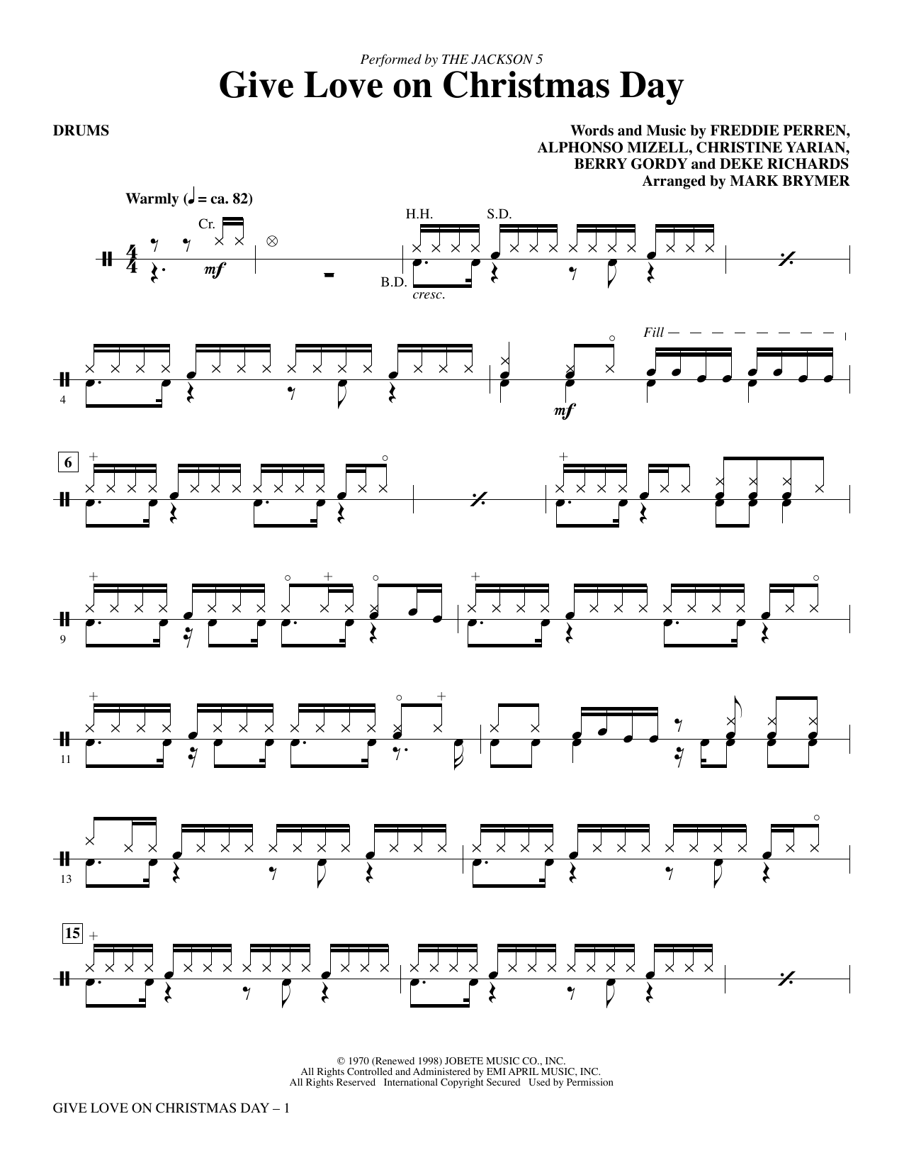 The Jackson 5 Give Love on Christmas Day (arr. Mark Brymer) - Drums sheet music notes and chords arranged for Choir Instrumental Pak