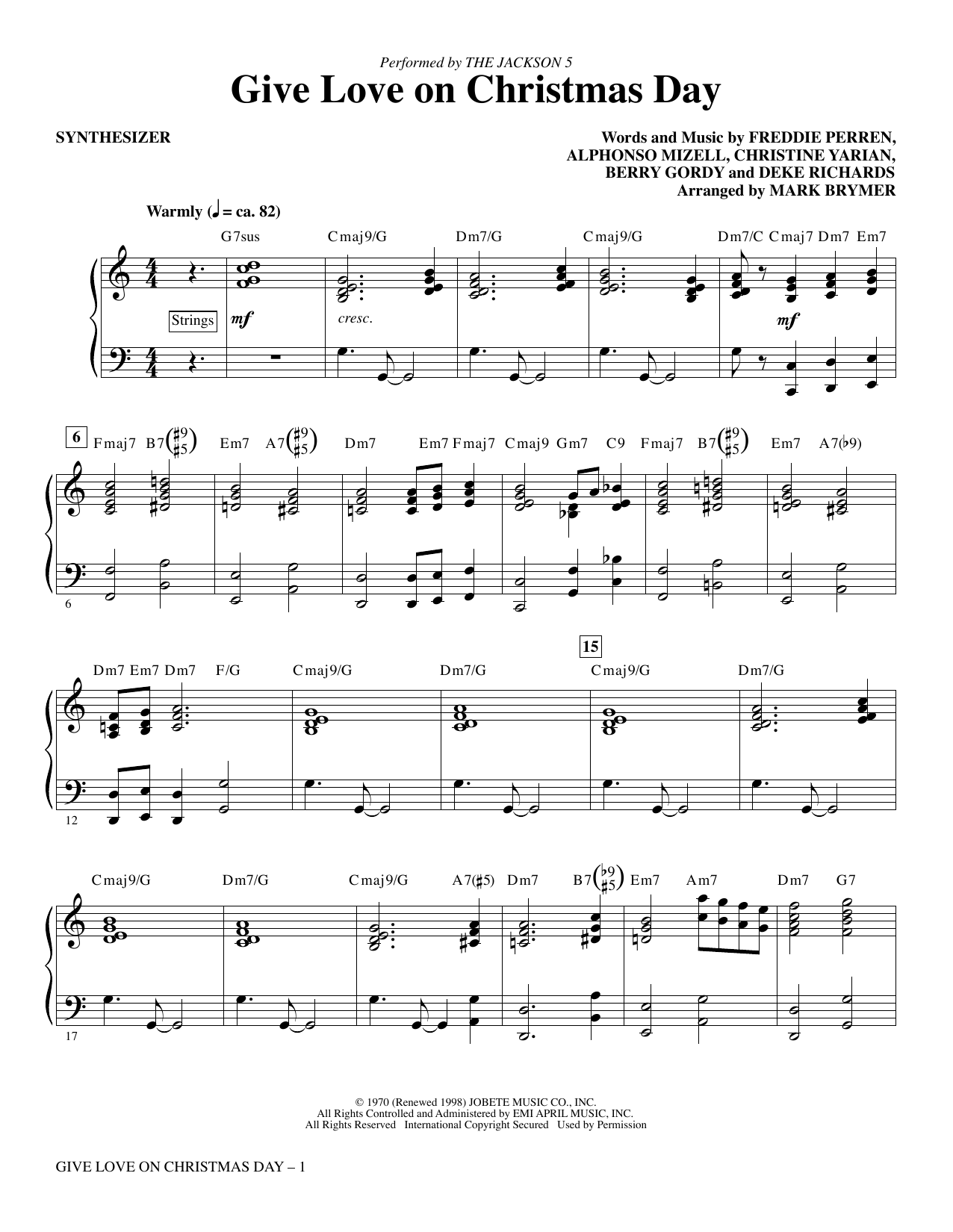 The Jackson 5 Give Love on Christmas Day (arr. Mark Brymer) - Synthesizer sheet music notes and chords arranged for Choir Instrumental Pak