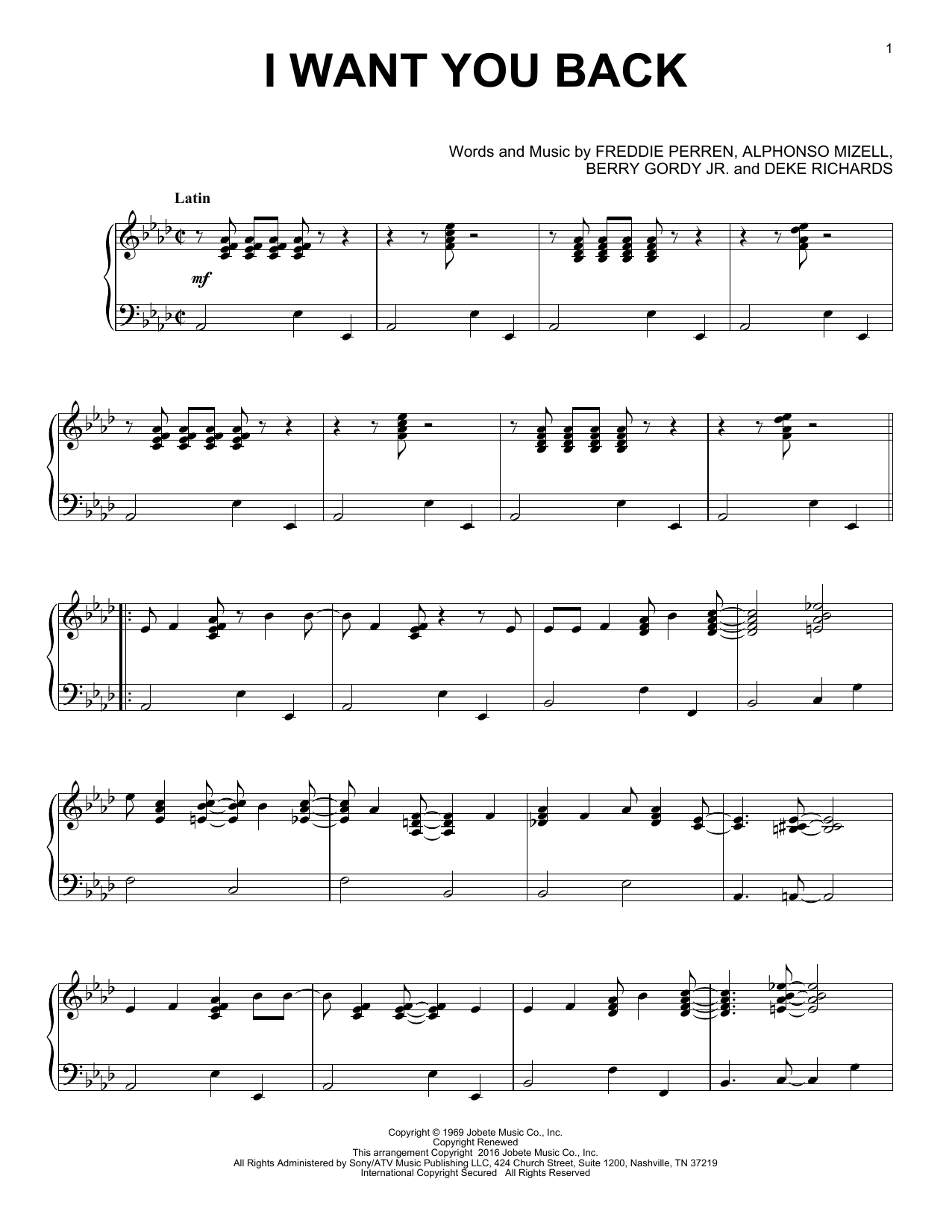 The Jackson 5 I Want You Back [Jazz version] sheet music notes and chords arranged for Piano Solo