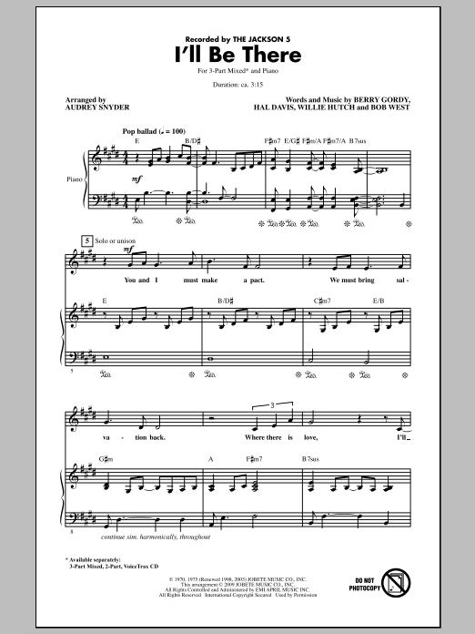 The Jackson 5 I'll Be There (arr. Audrey Snyder) sheet music notes and chords arranged for 2-Part Choir