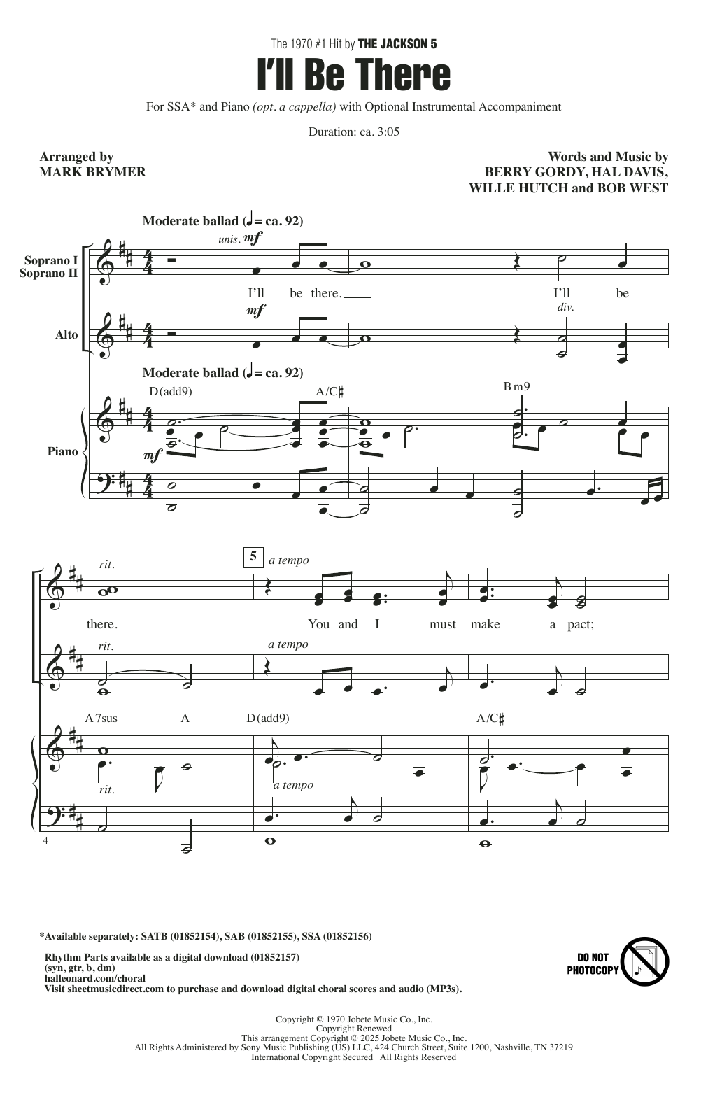 The Jackson 5 I'll Be There (arr. Mark Brymer) sheet music notes and chords arranged for SSA Choir