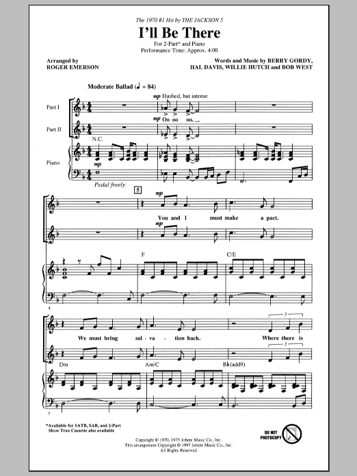 The Jackson 5 I'll Be There (arr. Roger Emerson) sheet music notes and chords arranged for 2-Part Choir