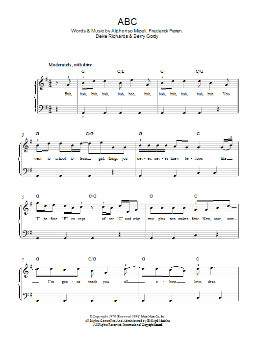 The Jackson 5 ABC sheet music notes and chords arranged for Easy Piano
