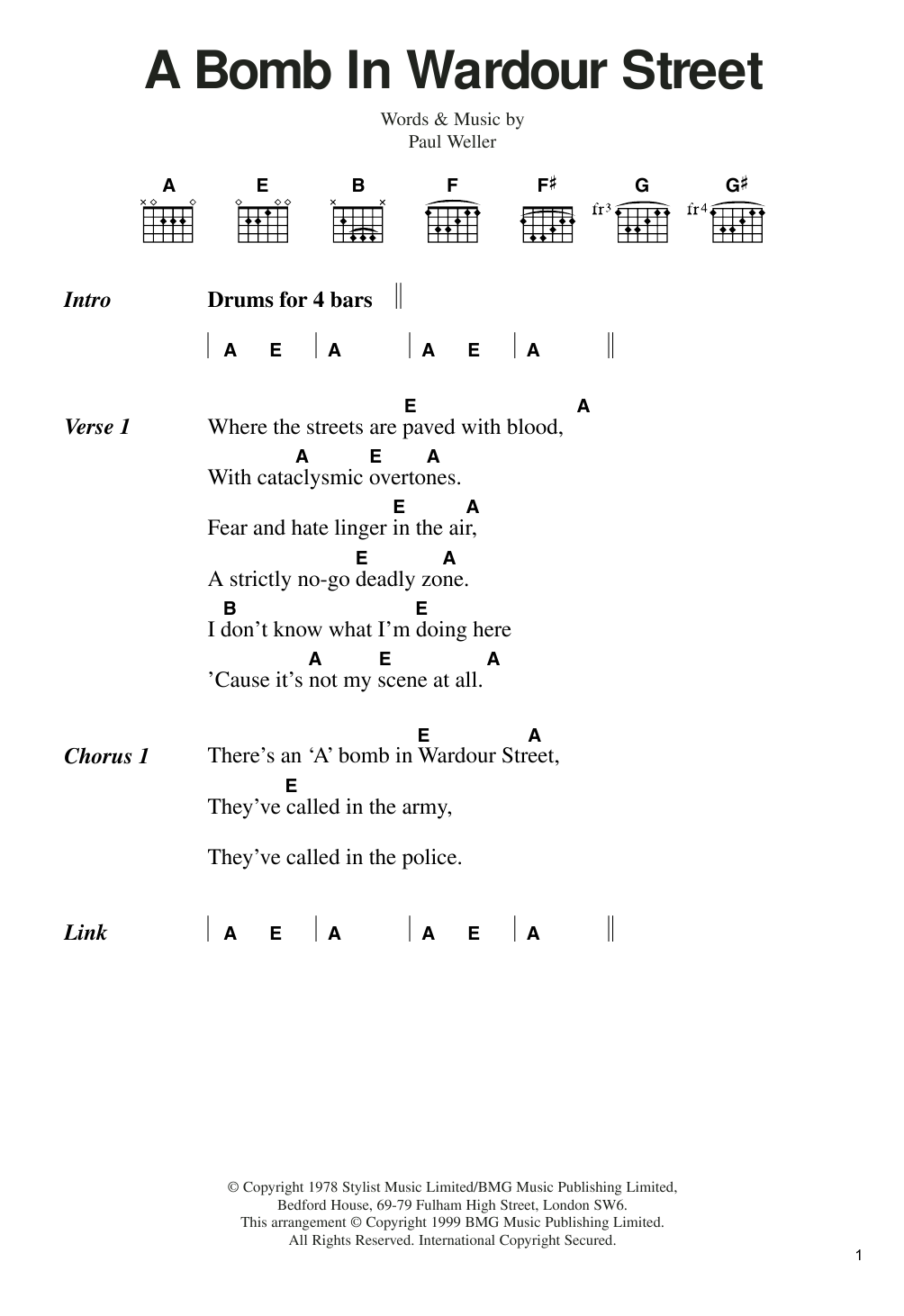 The Jam A Bomb In Wardour Street sheet music notes and chords arranged for Guitar Chords/Lyrics