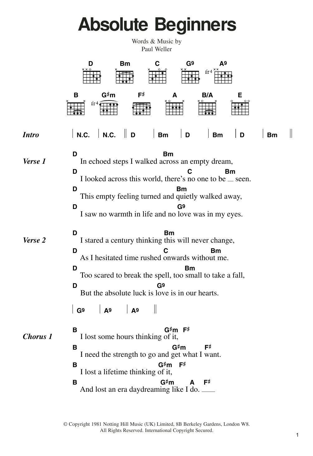 The Jam Absolute Beginners sheet music notes and chords arranged for Guitar Chords/Lyrics