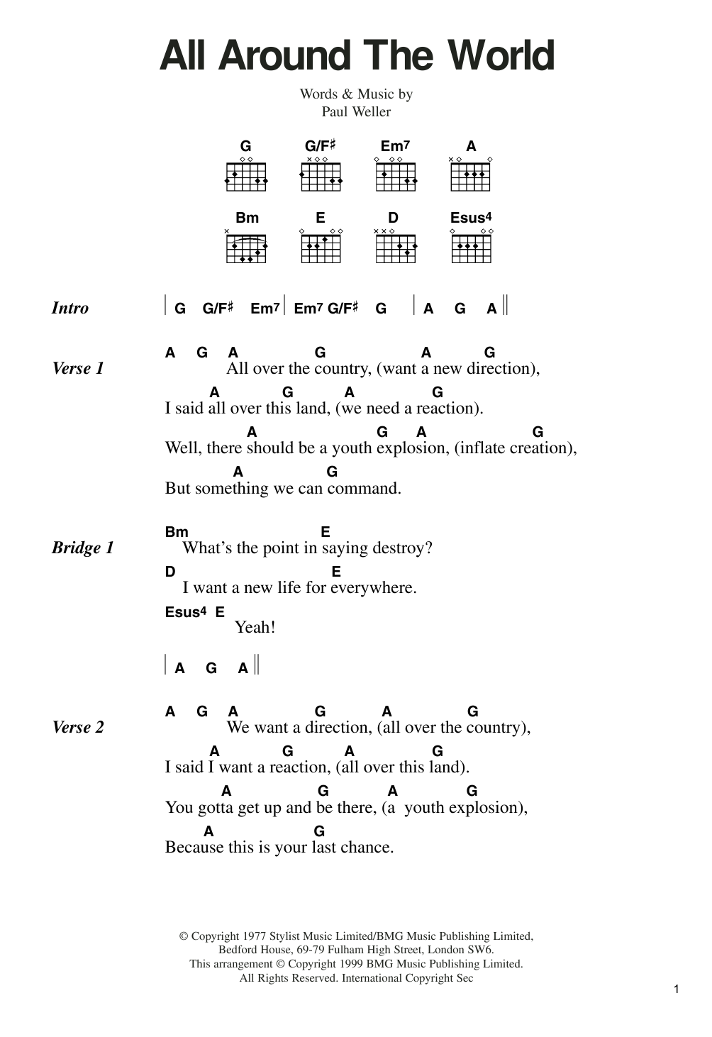 The Jam All Around The World sheet music notes and chords arranged for Guitar Chords/Lyrics