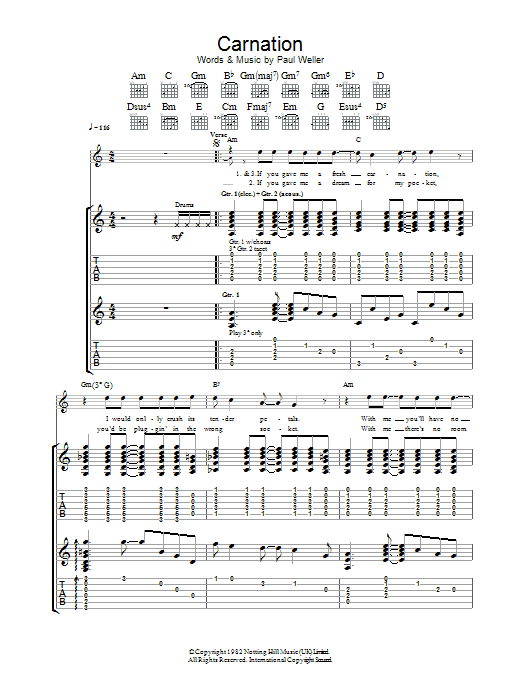 The Jam Carnation sheet music notes and chords arranged for Piano Chords/Lyrics