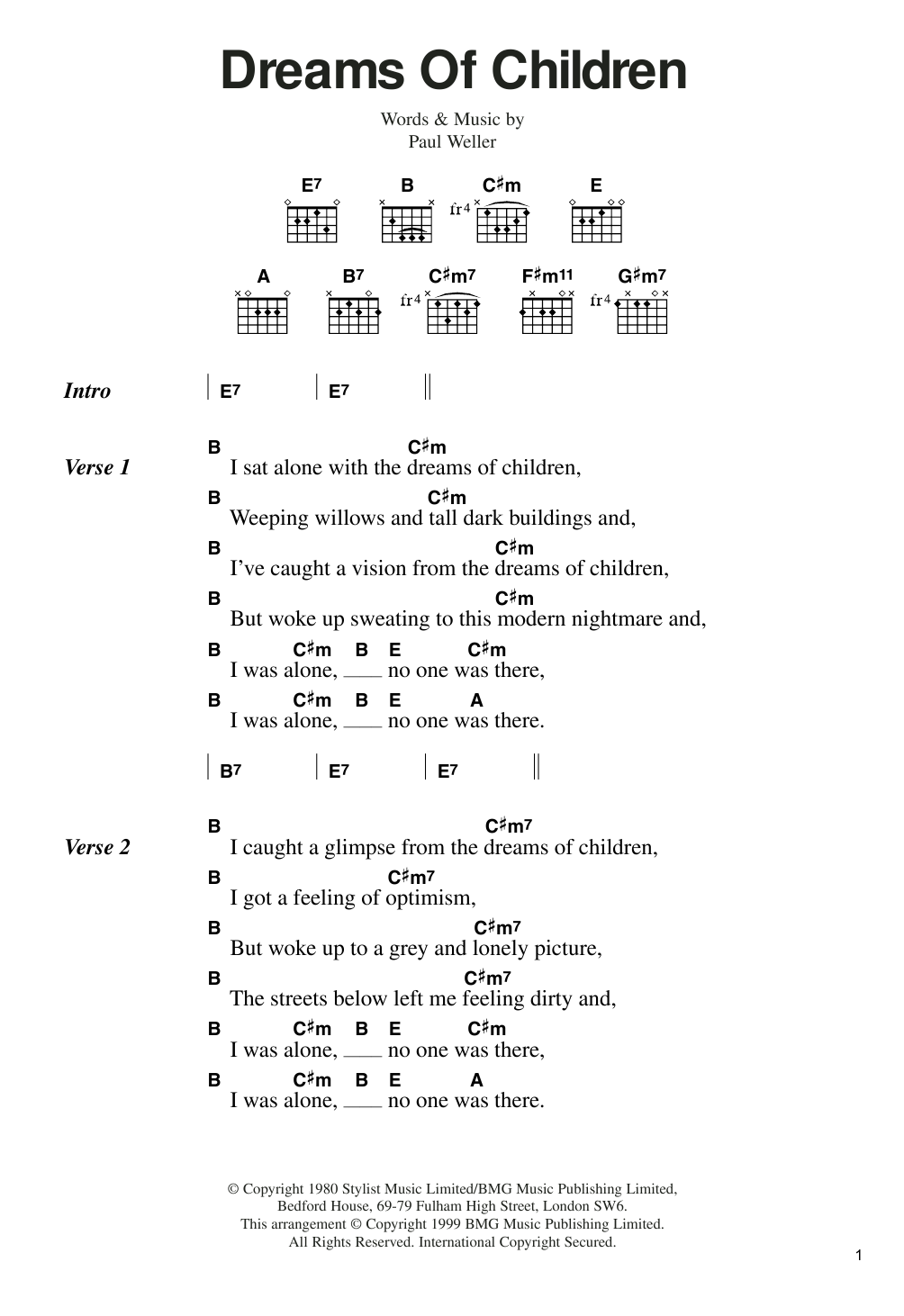 The Jam Dreams Of Children sheet music notes and chords arranged for Guitar Chords/Lyrics