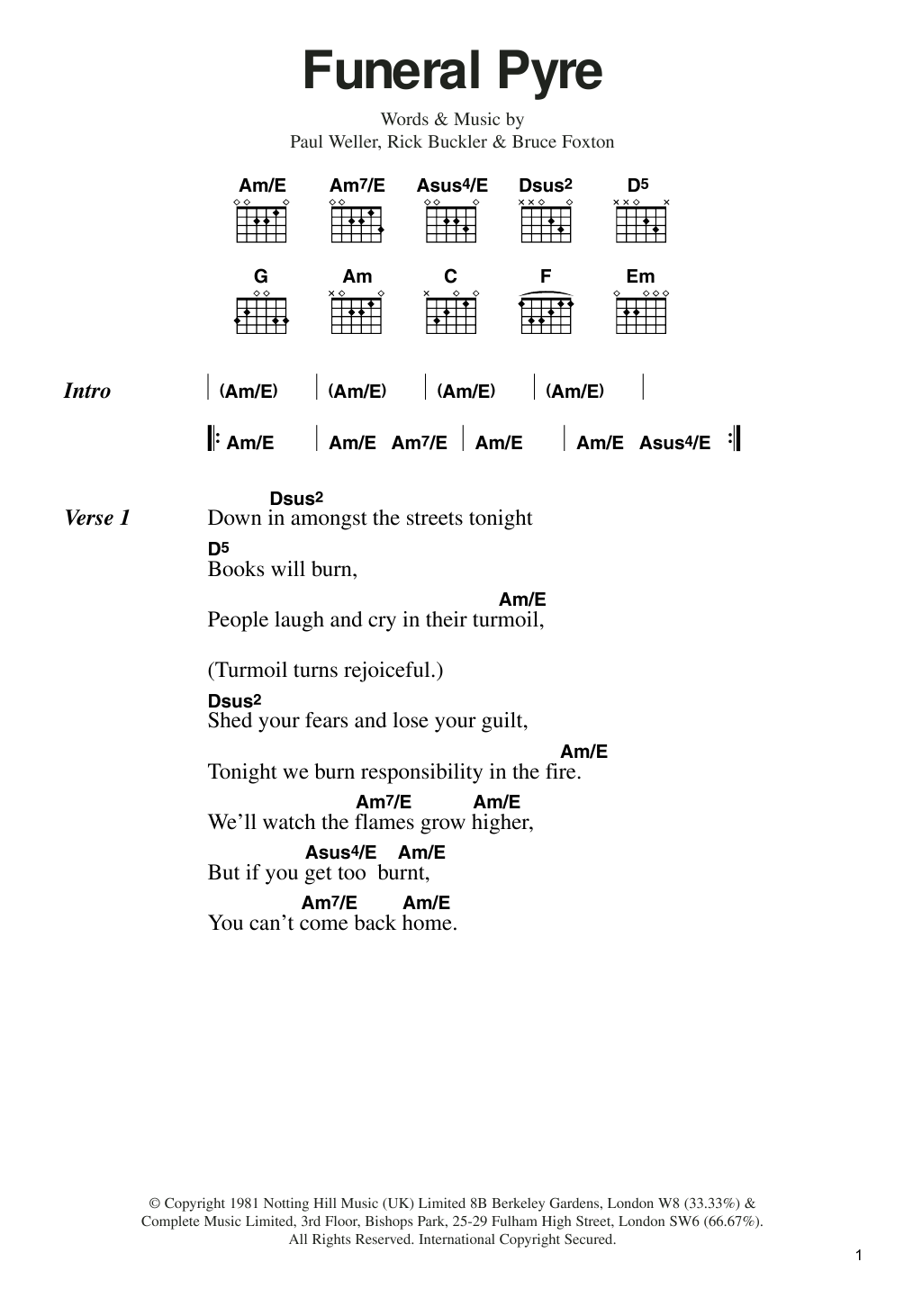 The Jam Funeral Pyre sheet music notes and chords arranged for Guitar Chords/Lyrics