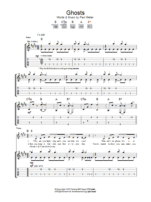 The Jam Ghosts sheet music notes and chords arranged for Guitar Tab