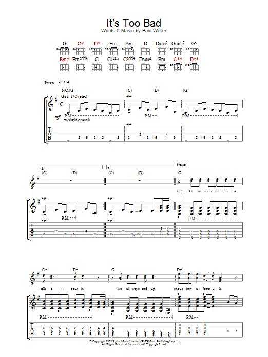 The Jam It's Too Bad sheet music notes and chords arranged for Guitar Tab