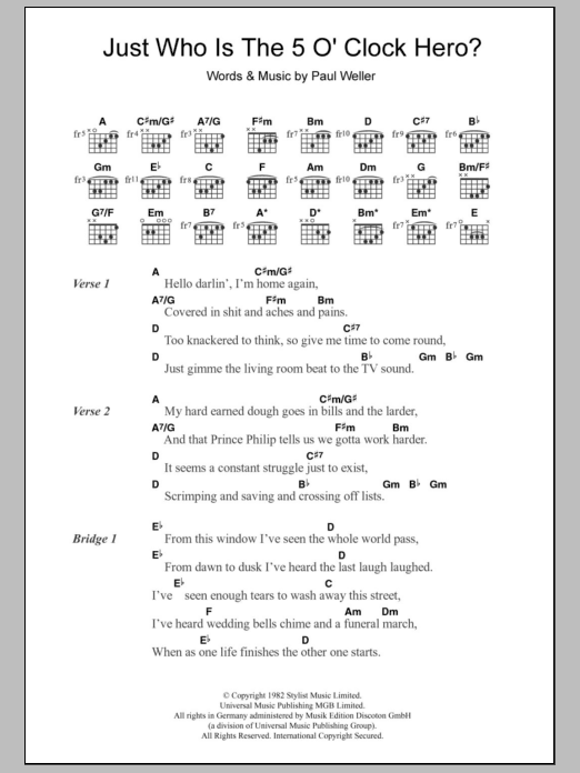 The Jam Just Who Is The 5 O'Clock Hero? sheet music notes and chords arranged for Guitar Chords/Lyrics