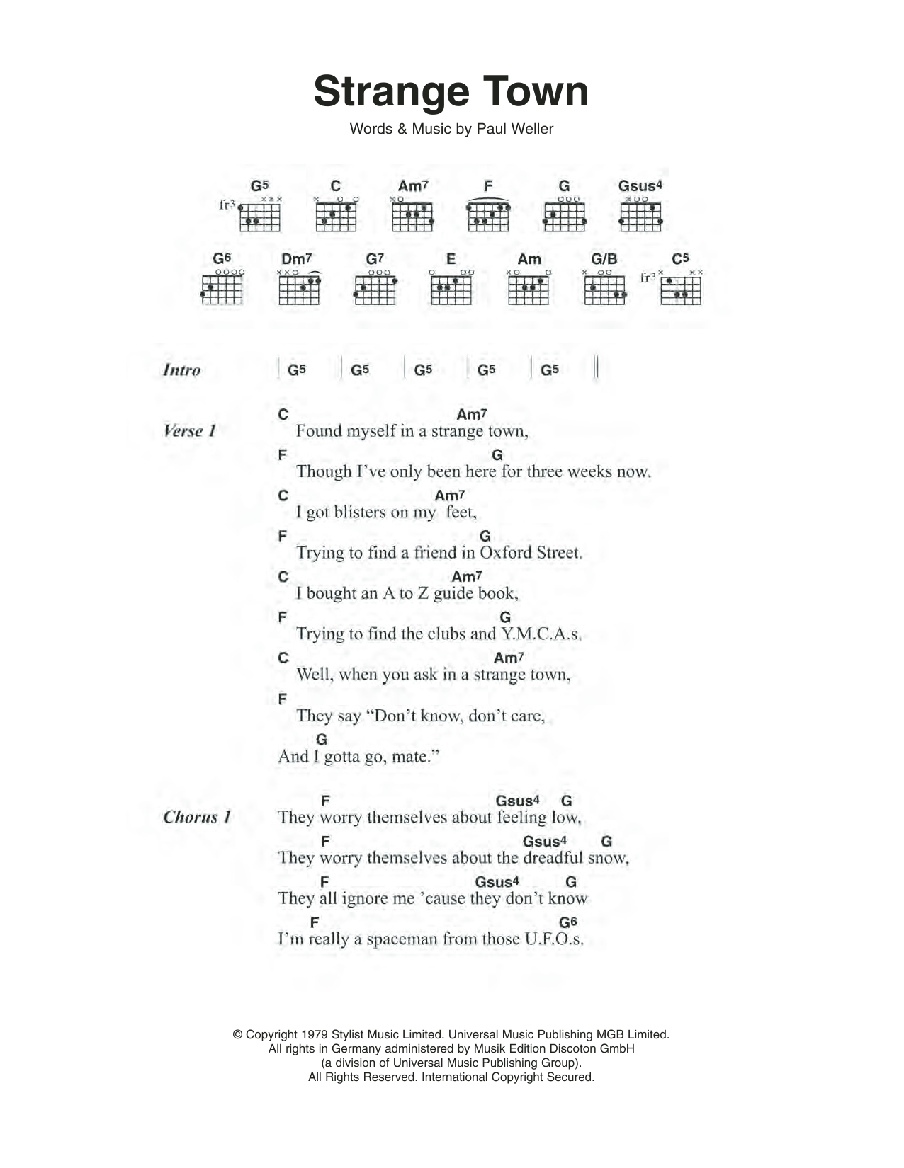 The Jam Strange Town sheet music notes and chords arranged for Guitar Chords/Lyrics