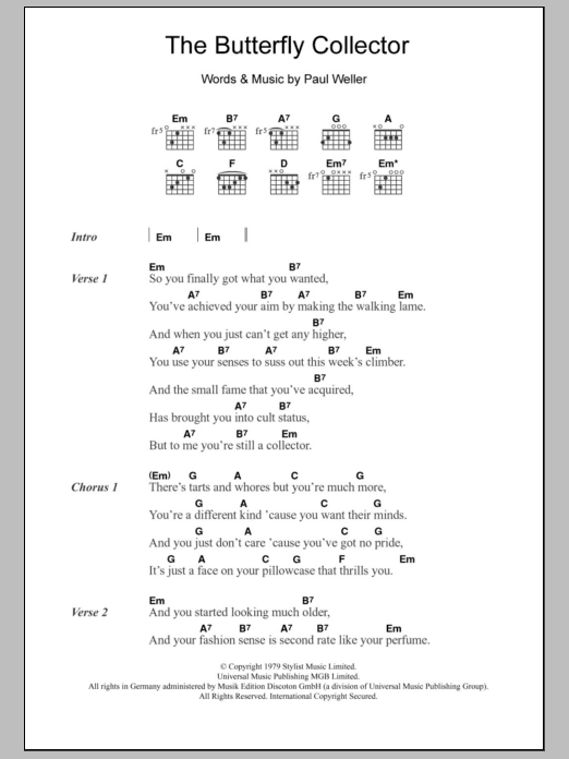 The Jam The Butterfly Collector sheet music notes and chords arranged for Guitar Chords/Lyrics