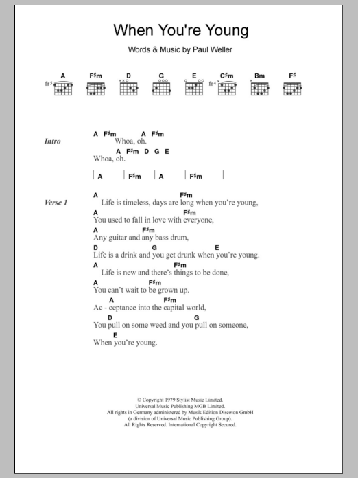 The Jam When You're Young sheet music notes and chords arranged for Guitar Chords/Lyrics