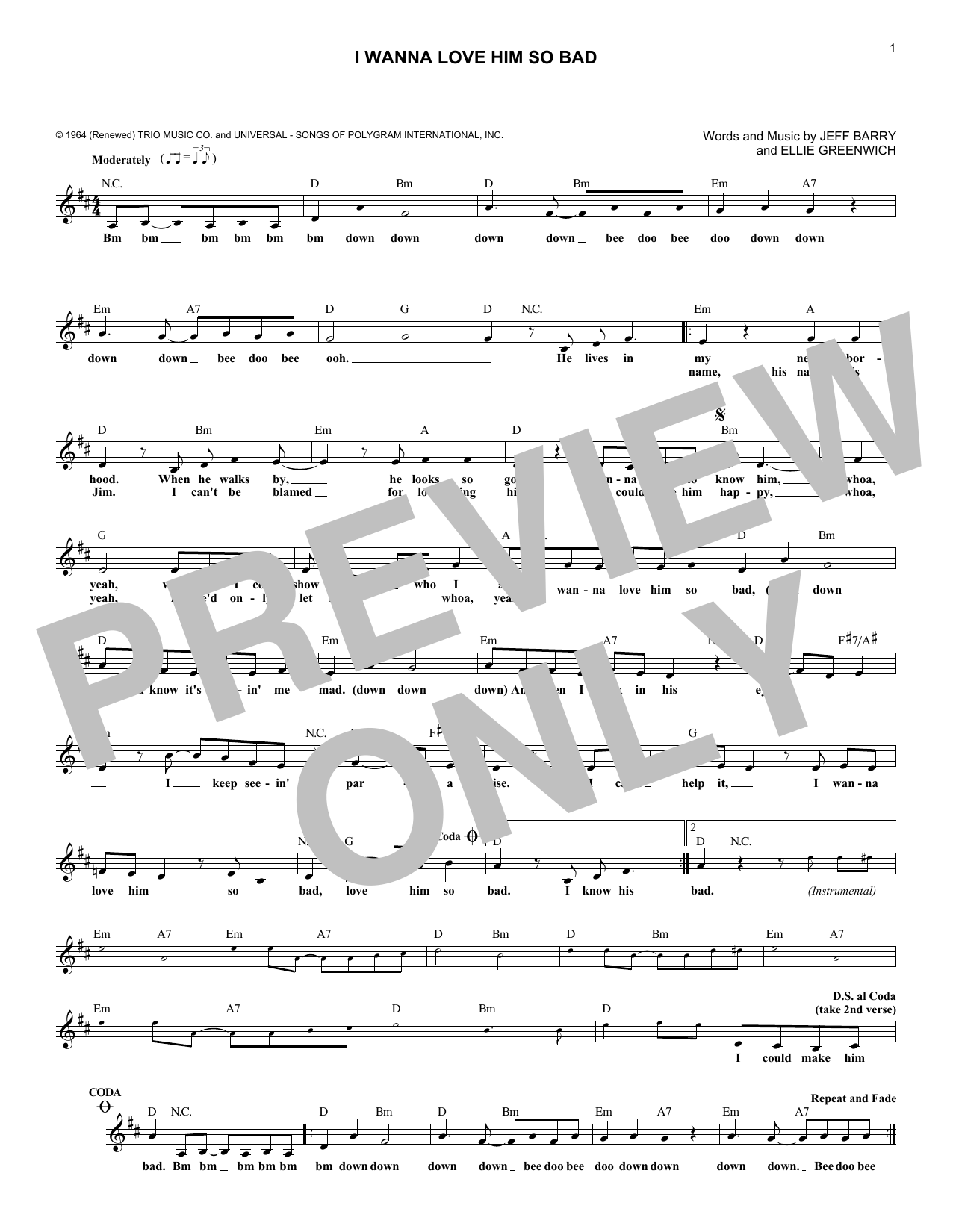 The Jelly Beans I Wanna Love Him So Bad sheet music notes and chords arranged for Lead Sheet / Fake Book