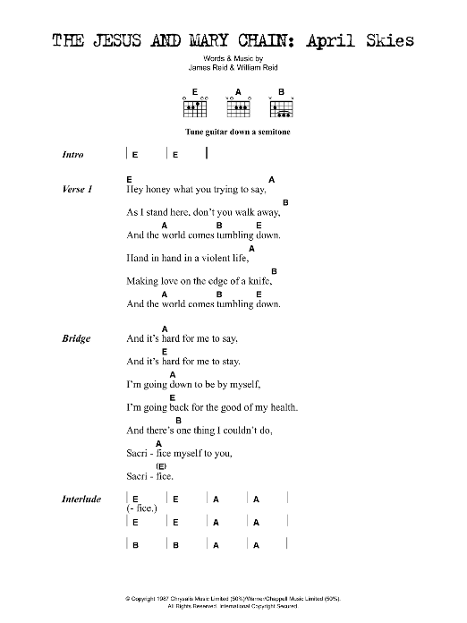 The Jesus And Mary Chain April Skies sheet music notes and chords arranged for Guitar Chords/Lyrics