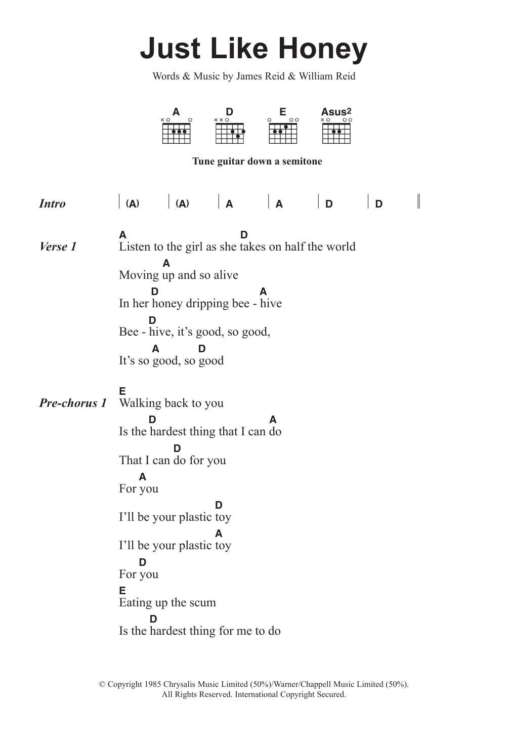 The Jesus And Mary Chain Just Like Honey sheet music notes and chords arranged for Guitar Chords/Lyrics