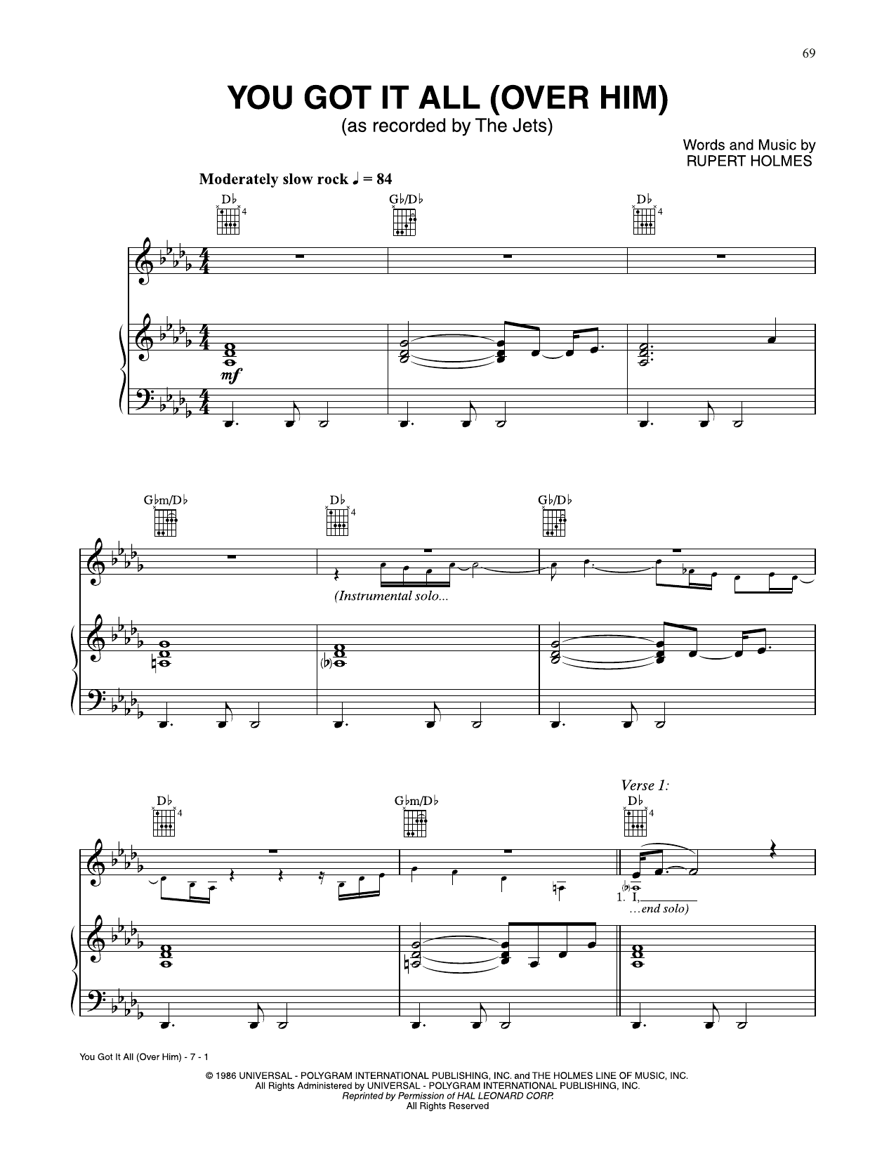 The Jets You Got It All (Over Him) sheet music notes and chords arranged for Piano, Vocal & Guitar Chords (Right-Hand Melody)