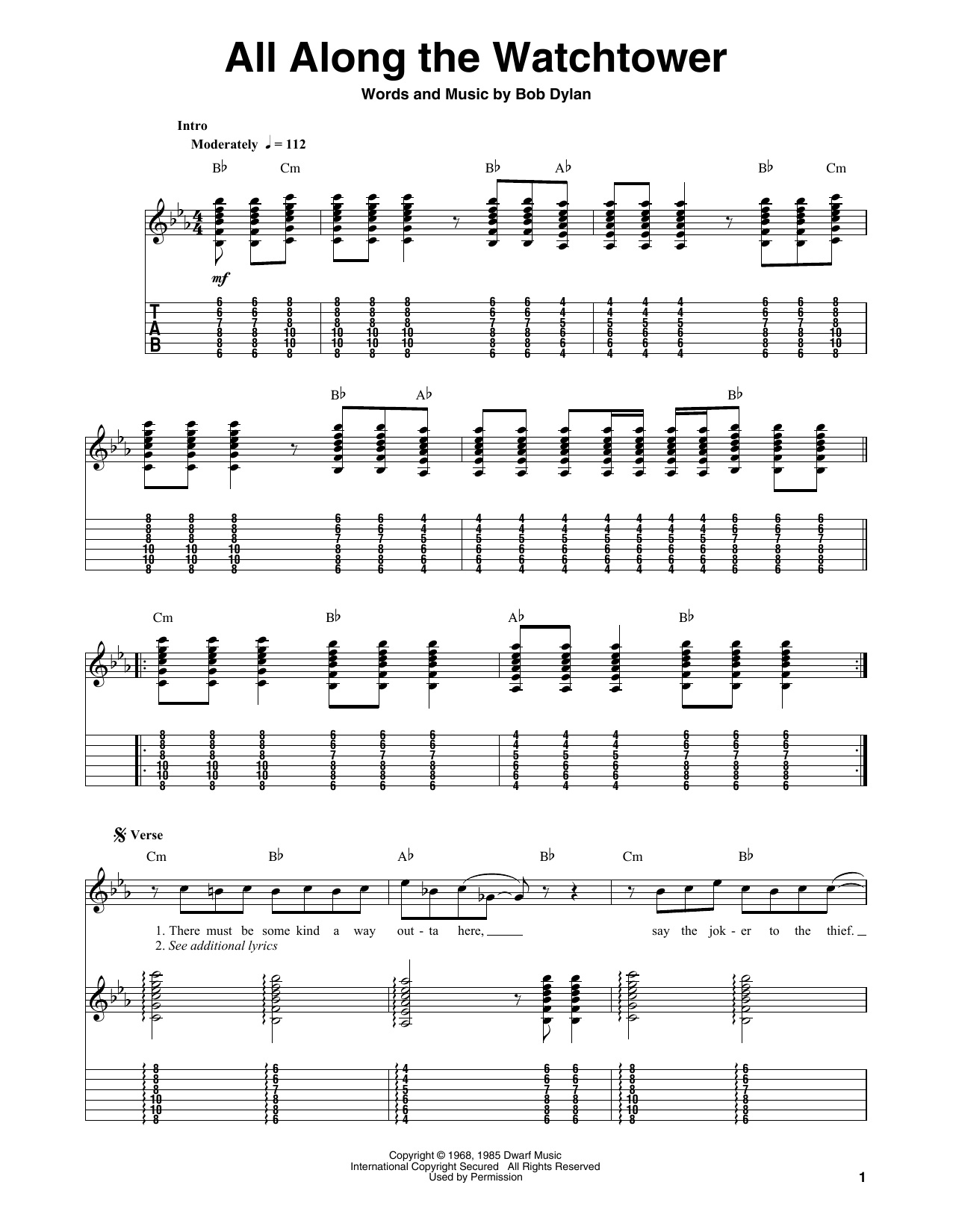 The Jimi Hendrix Experience All Along The Watchtower sheet music notes and chords arranged for Guitar Tab (Single Guitar)