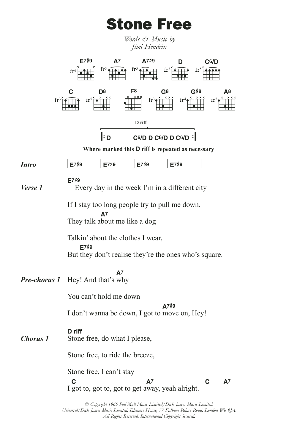 The Jimi Hendrix Experience Stone Free sheet music notes and chords arranged for Guitar Chords/Lyrics