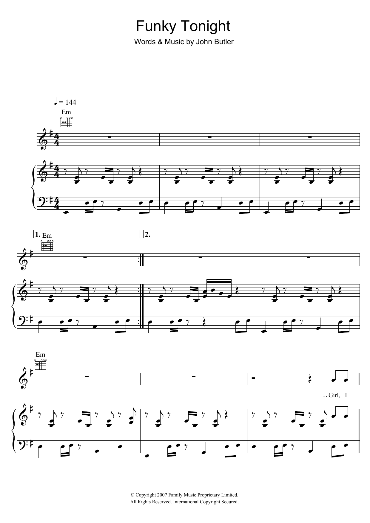 The John Butler Trio Funky Tonight sheet music notes and chords arranged for Piano, Vocal & Guitar Chords