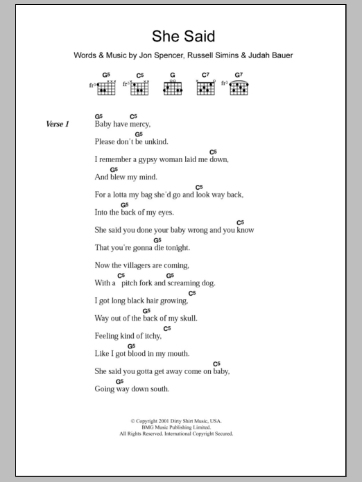 The Jon Spencer Blues Explosion She Said sheet music notes and chords arranged for Guitar Chords/Lyrics