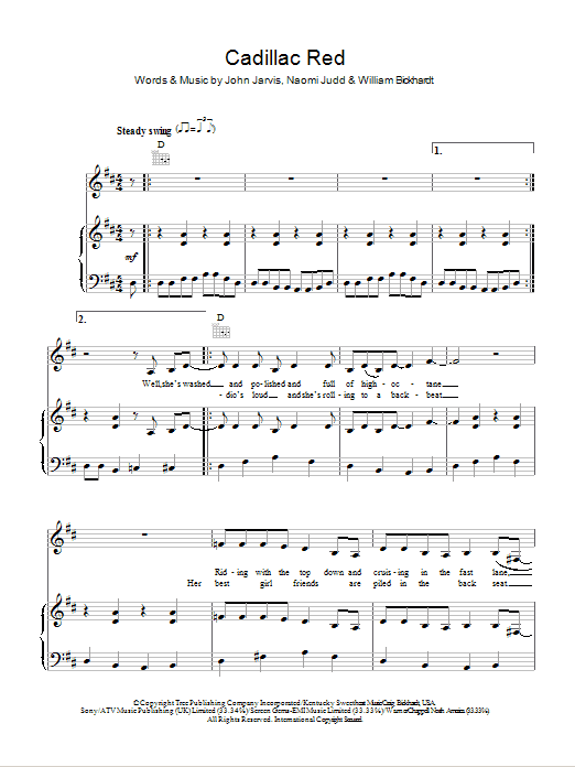 The Judds Cadillac Red sheet music notes and chords arranged for Piano, Vocal & Guitar Chords