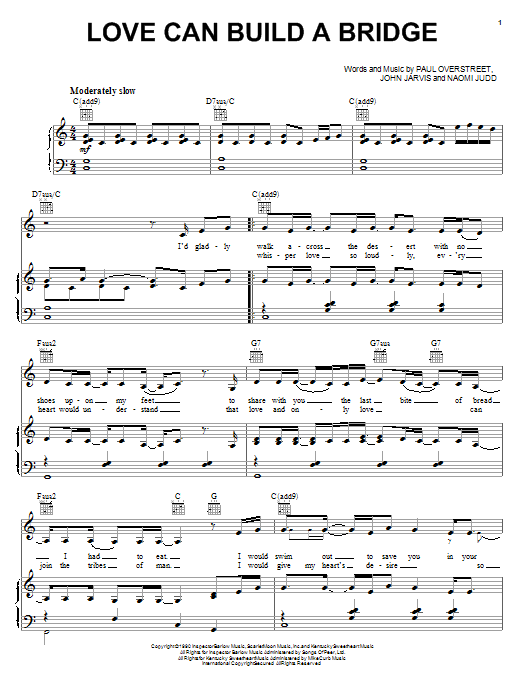 The Judds Love Can Build A Bridge sheet music notes and chords arranged for Piano, Vocal & Guitar Chords (Right-Hand Melody)