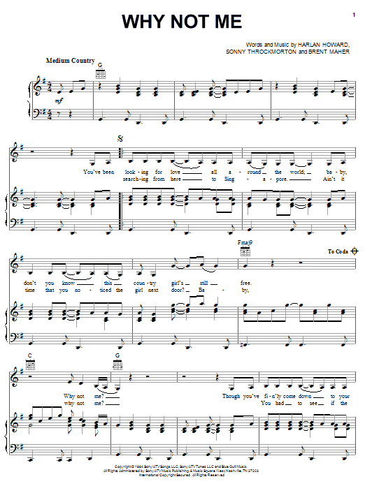 The Judds Why Not Me sheet music notes and chords arranged for Piano, Vocal & Guitar Chords (Right-Hand Melody)