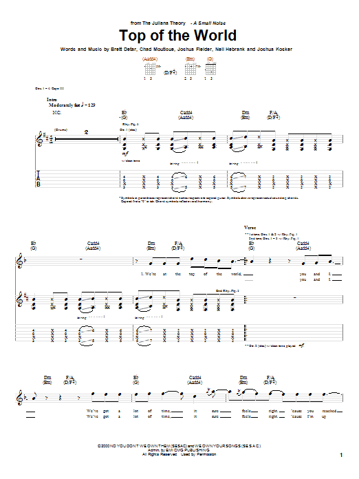 The Juliana Theory Top Of The World sheet music notes and chords arranged for Guitar Tab