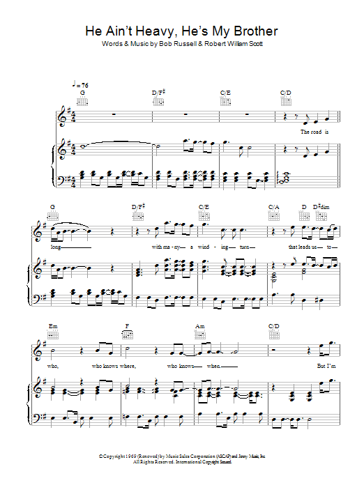 The Justice Collective He Ain't Heavy, He's My Brother sheet music notes and chords arranged for Piano, Vocal & Guitar Chords