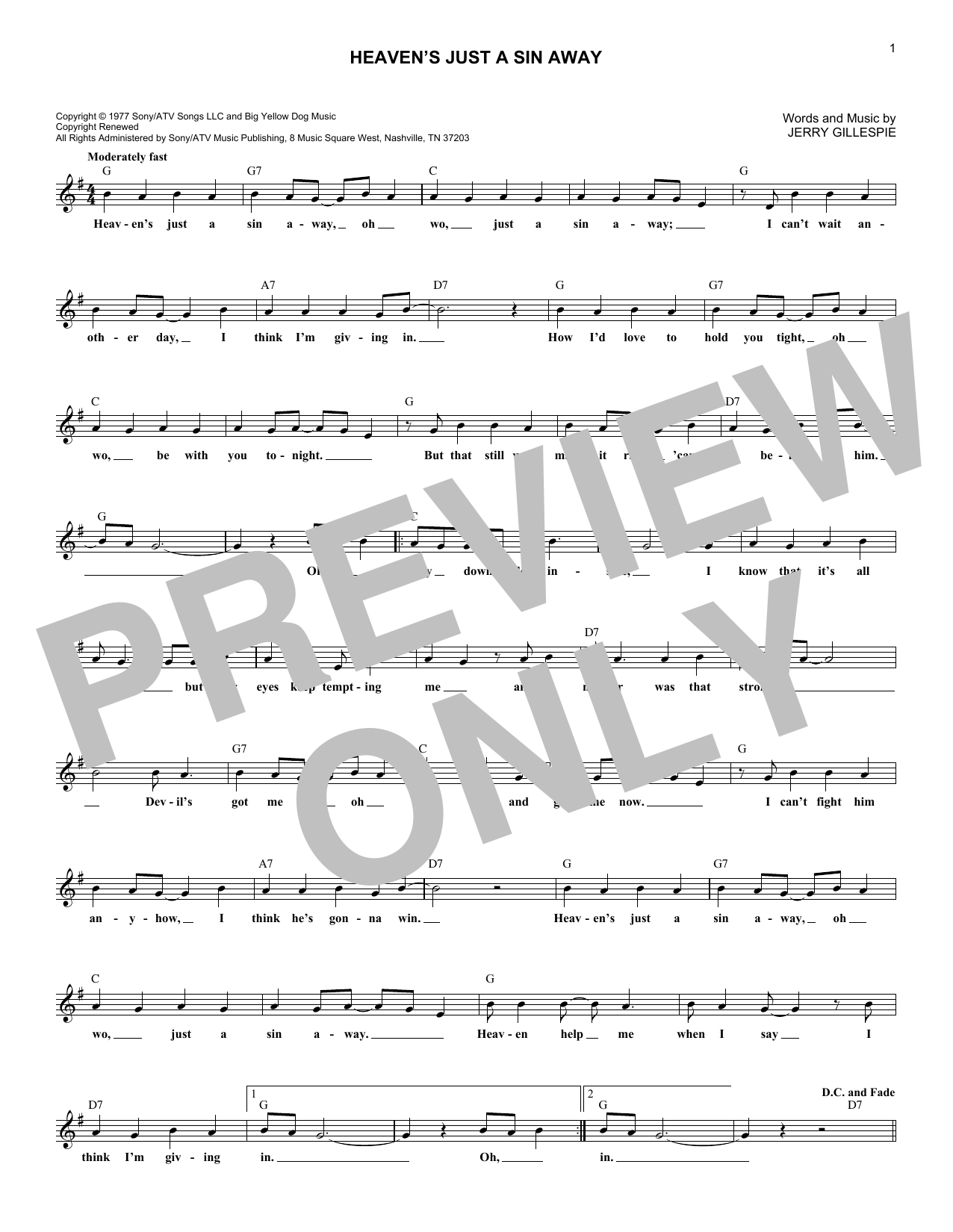 The Kendalls Heaven's Just A Sin Away sheet music notes and chords arranged for Lead Sheet / Fake Book