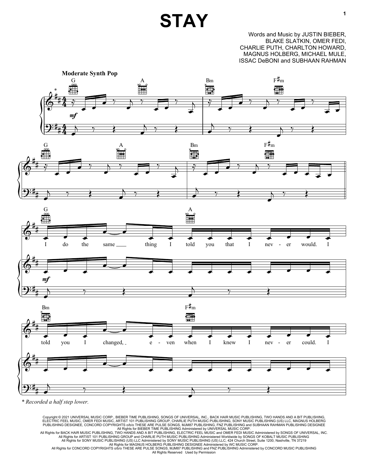 The Kid LAROI Stay (feat. Justin Bieber) sheet music notes and chords arranged for Super Easy Piano