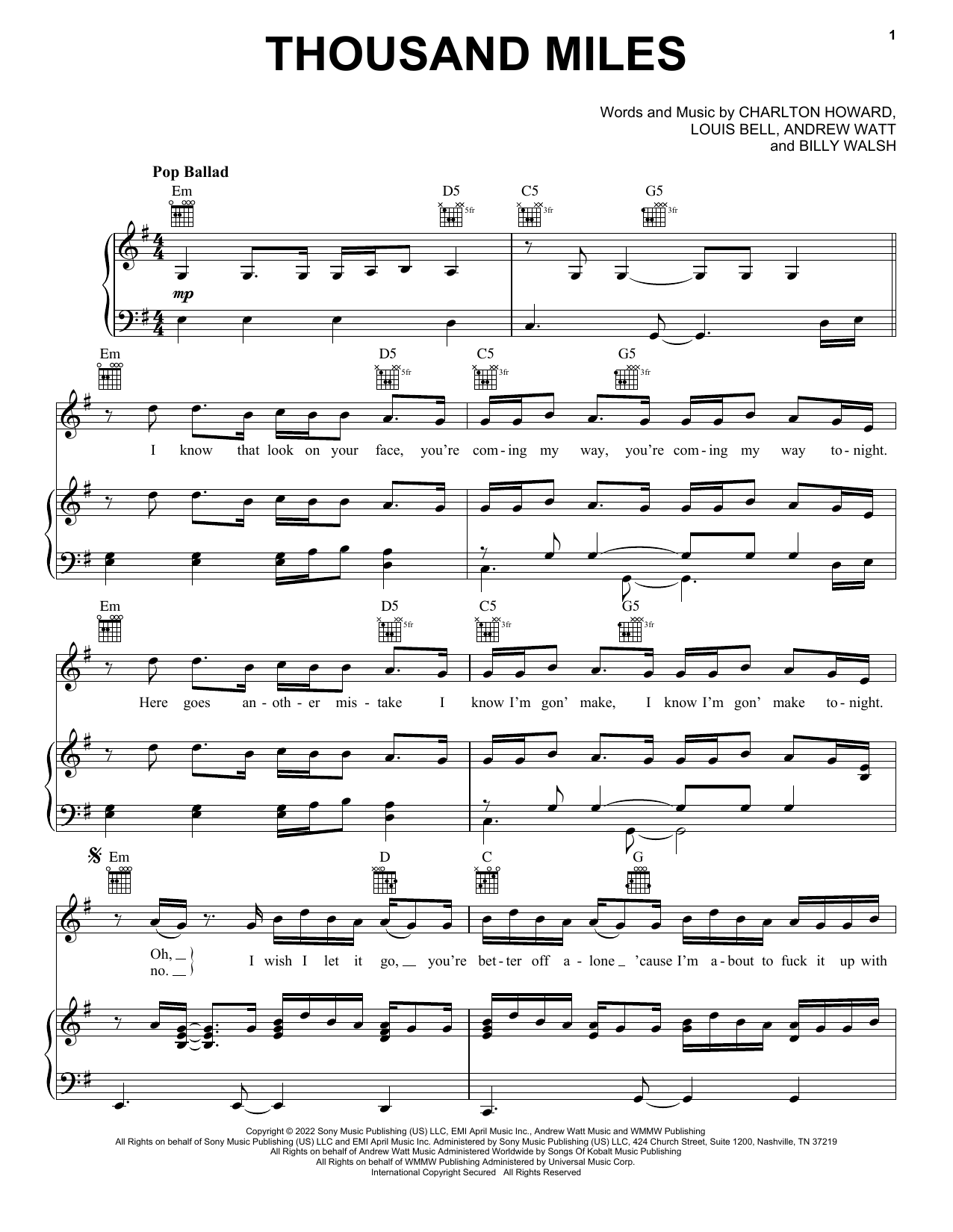 The Kid LAROI Thousand Miles sheet music notes and chords arranged for Piano, Vocal & Guitar Chords (Right-Hand Melody)