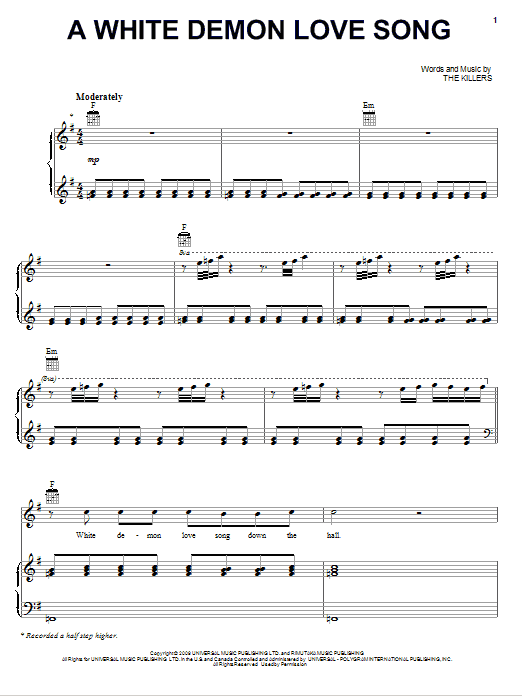 The Killers A White Demon Love Song sheet music notes and chords arranged for Piano, Vocal & Guitar Chords