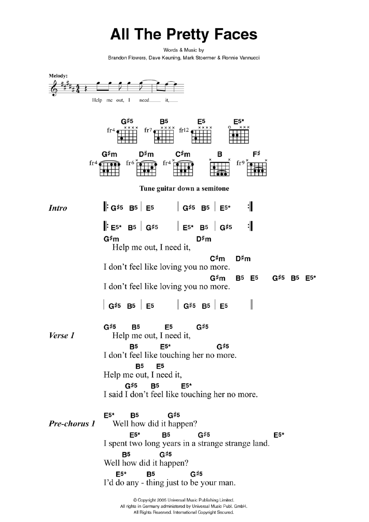 The Killers All The Pretty Faces sheet music notes and chords arranged for Guitar Chords/Lyrics