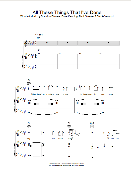 The Killers All These Things That I've Done sheet music notes and chords arranged for Piano Chords/Lyrics