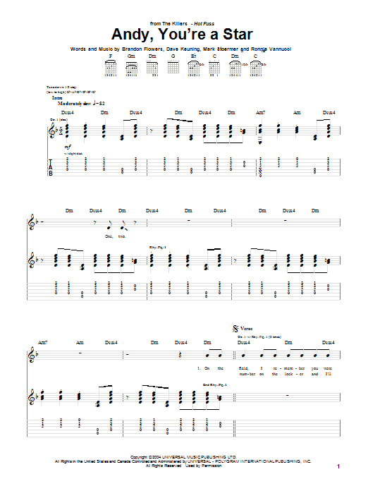 The Killers Andy, You're A Star sheet music notes and chords arranged for Guitar Tab