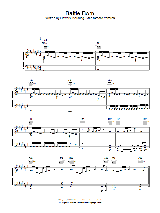 The Killers Battle Born sheet music notes and chords arranged for Piano, Vocal & Guitar Chords