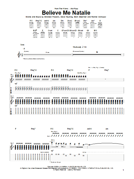 The Killers Believe Me Natalie sheet music notes and chords arranged for Guitar Chords/Lyrics